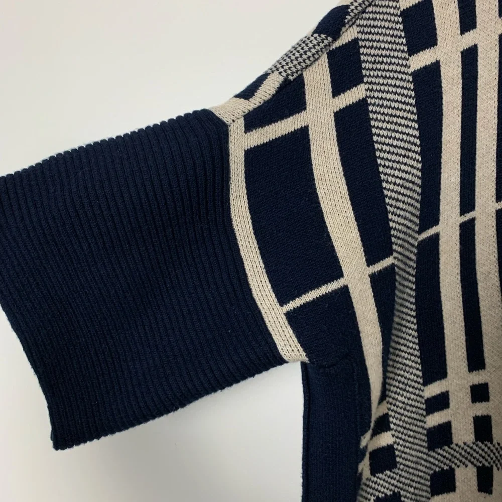 Anne Klein Plaid Oversized tunic Sweater Shrug‎ Size Small Navy Tan